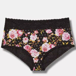 Torrid Panties 1X Brief Black Floral Mid Rise Full Coverage Cotton Panties Plus